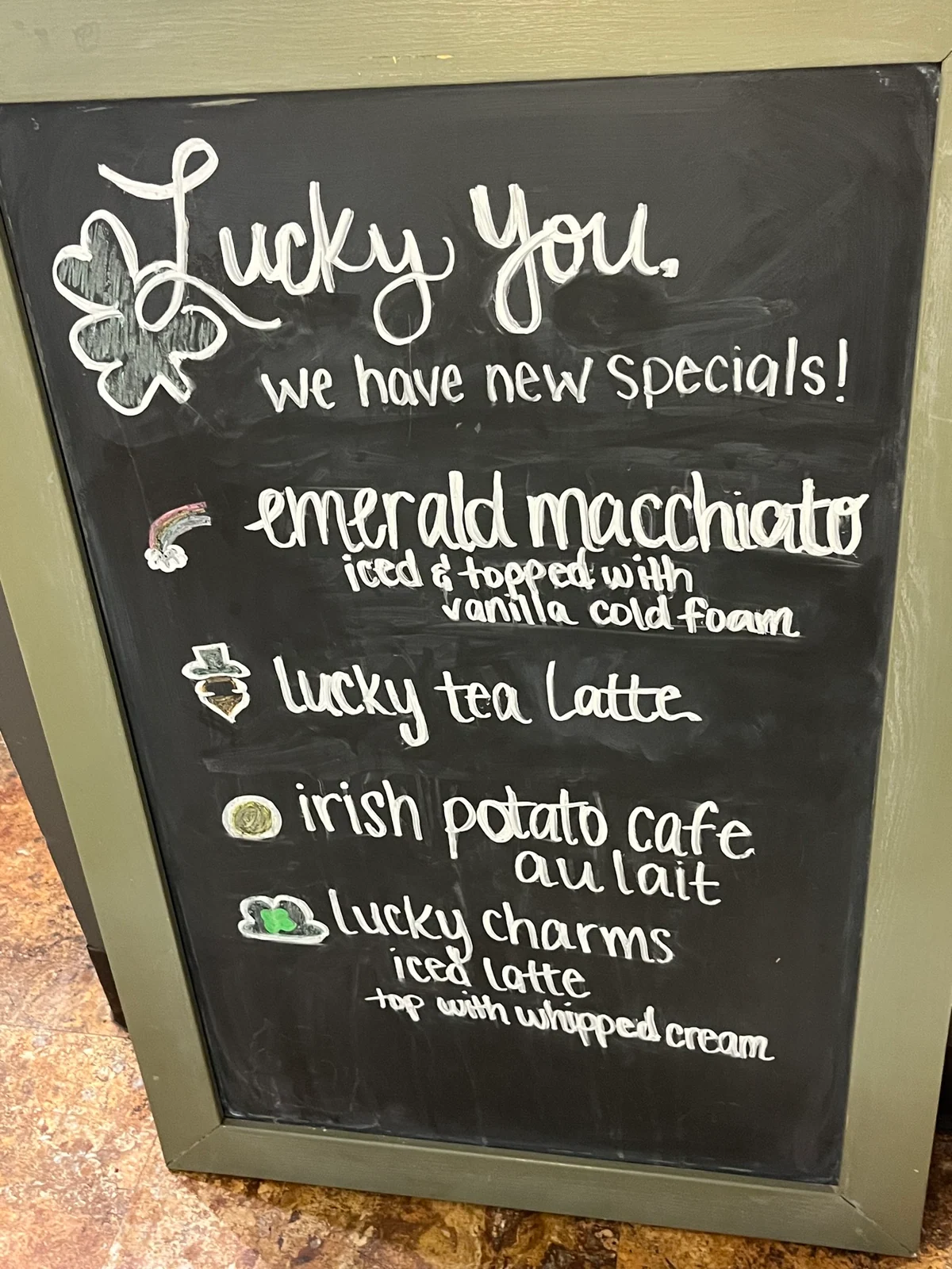 St Patrick’s Day café specials written in playful white chalk lettering