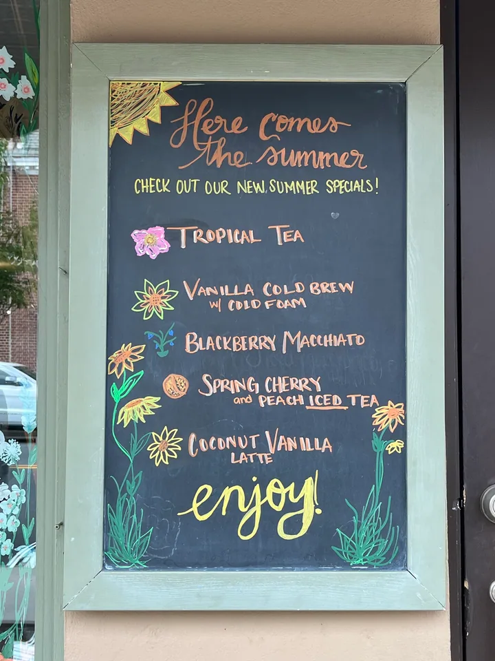 Colorful summer café chalk menu with hand lettering and flowers
