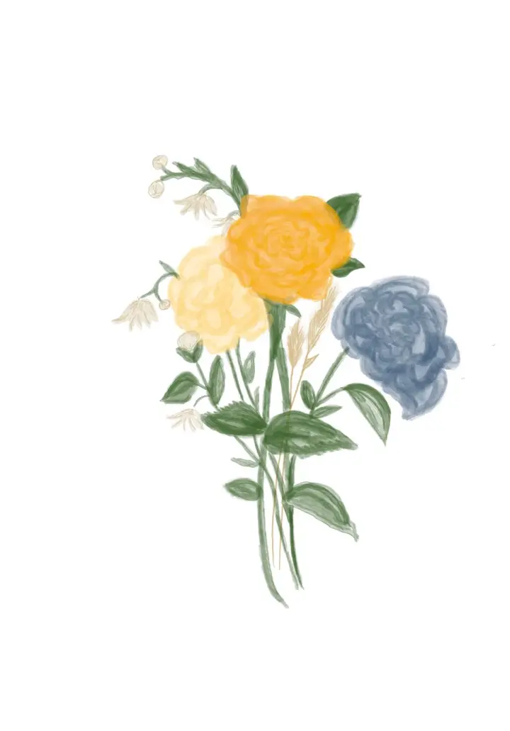 Custom botanical wedding artwork in yellow and blue by Shannon Hope McAnney
