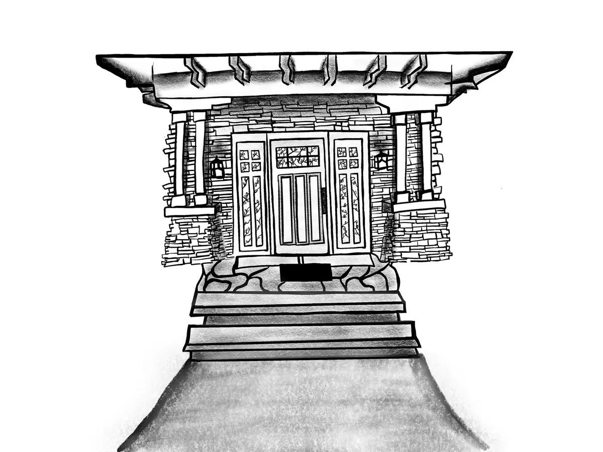 Black and white custom drawing of a stone home entrance and front steps