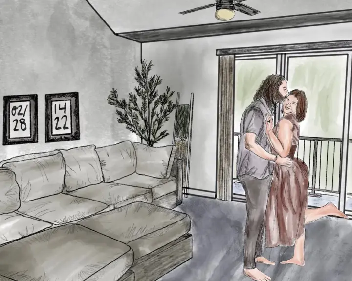 Custom illustrated couple portrait in their home created from a photograph