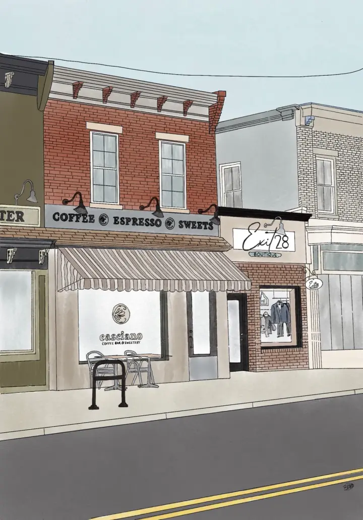 Custom illustrated streetscape print of local coffee and boutique storefronts