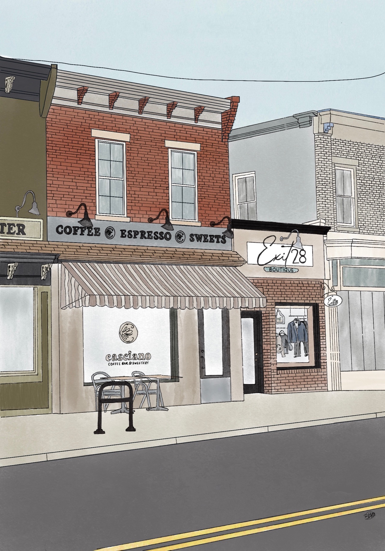 Custom illustrated streetscape print of local coffee and boutique storefronts