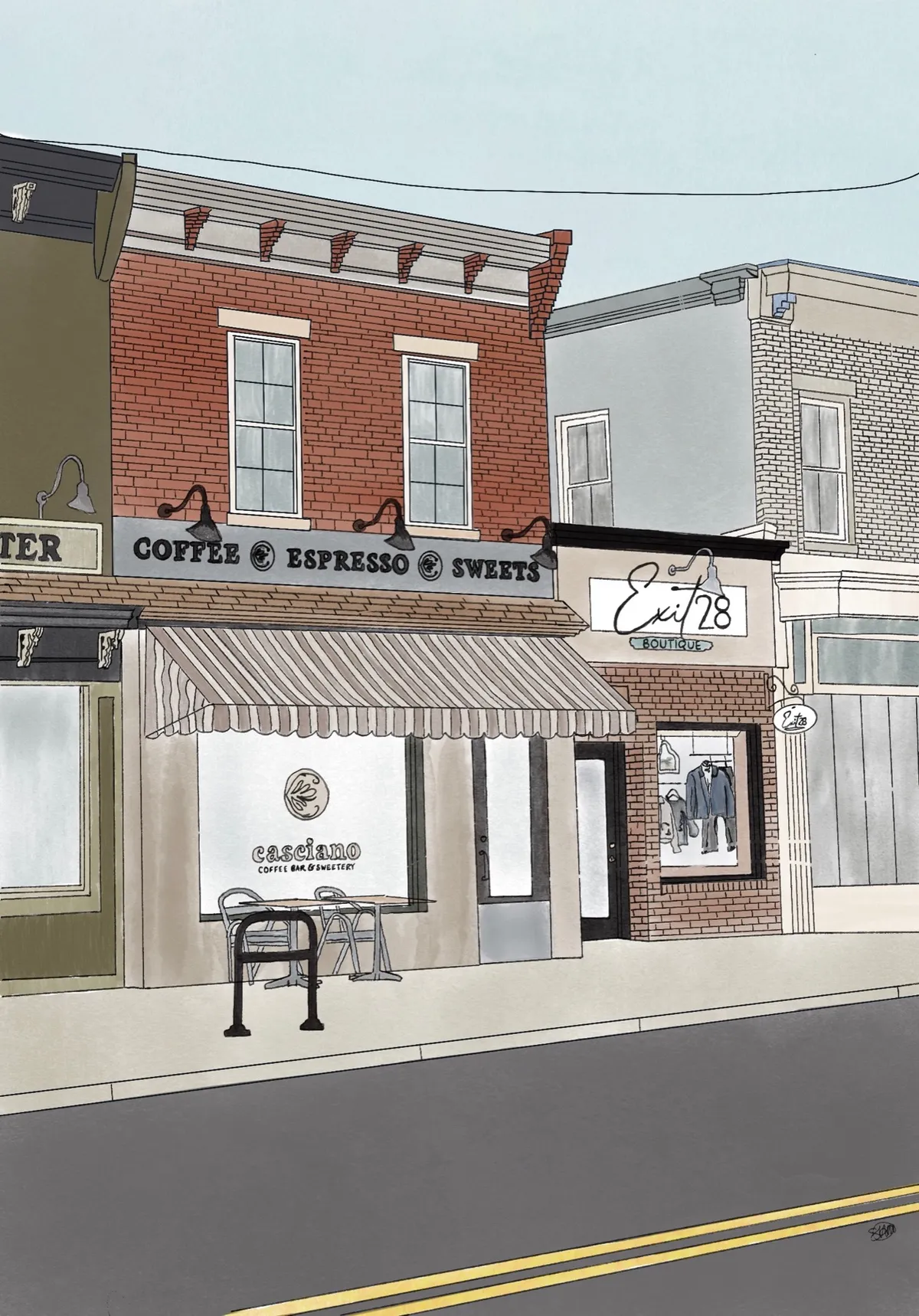 Custom illustrated streetscape print of local coffee and boutique storefronts